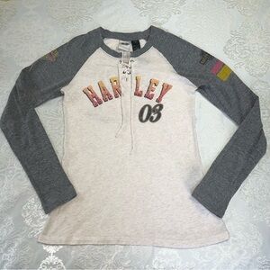 Harley Davidson Lace Up Neckline Rhinestone Raglan Long-sleeve Tee Size Medium